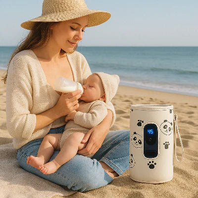 Maman donnant le biberon à son bébé sur la plage avec un chauffe biberon nomade portable affichant la température