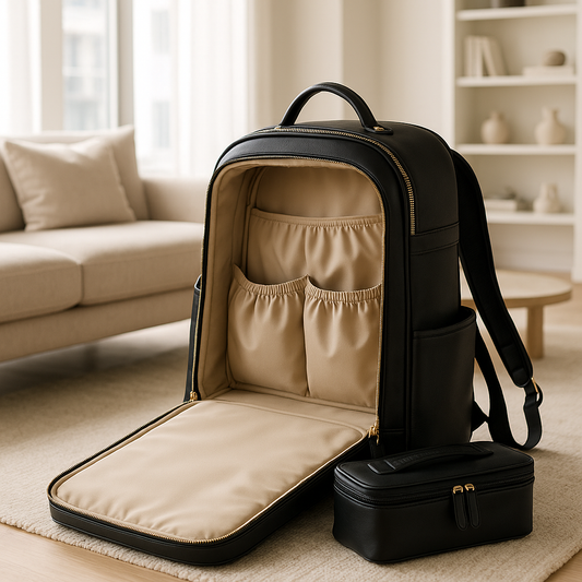 Sac à langer luxe noir ouvert avec compartiments intérieurs visibles et trousse assortie