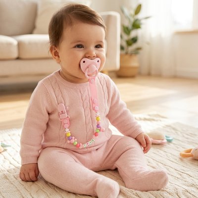 Attache sucette rose avec fixation rapide et efficace
