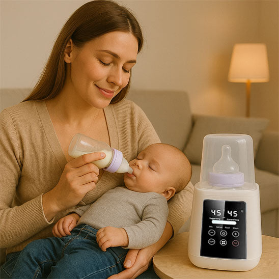 Bébé endormi après avoir bu son lait préparé avec le chauffe biberon