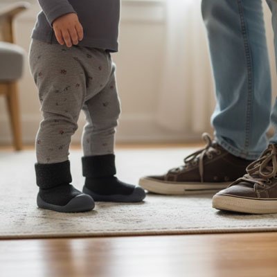 Chaussure bebe souple confortable pour apprendre à marcher avec papa
