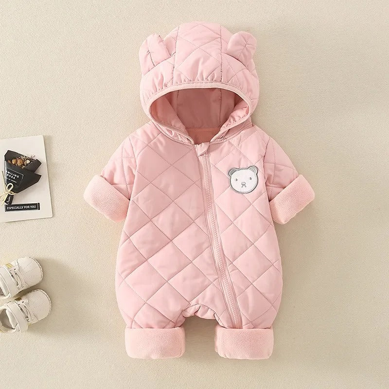 Combi pilote bébé rose avec motif petite tête d'ourson, chaude et confortable pour l'hiver