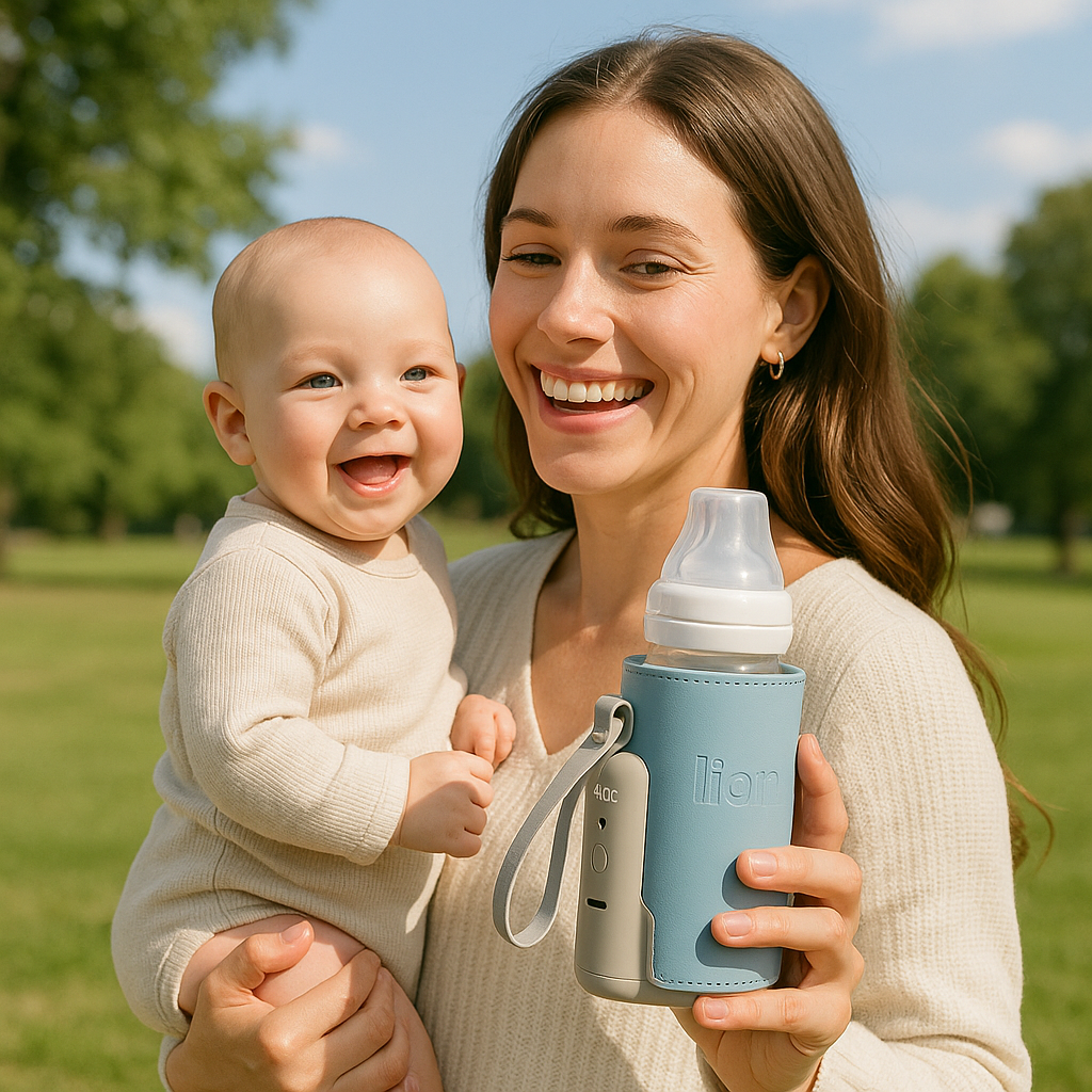 Maman souriante tenant son bébé et un chauffe biberon portable lors d’une sortie en plein air