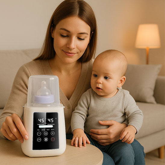 Maman préparant un lait chaud pour son bébé avec le chauffe biberon