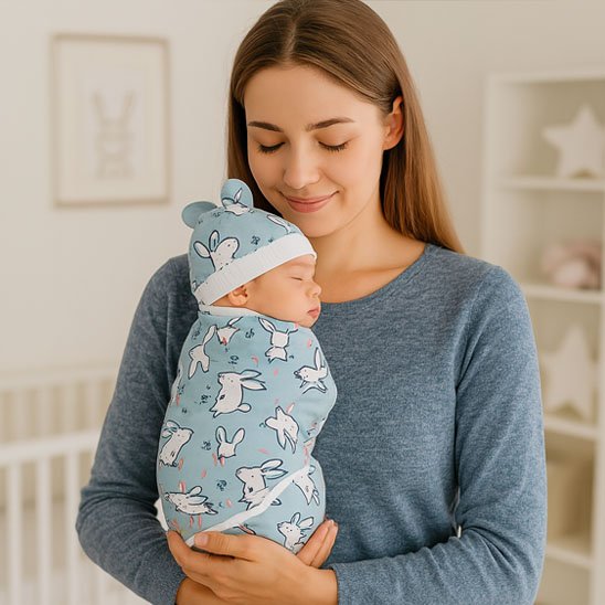 Maman tenant tendrement son bébé emmailloté dans une couverture emmaillotage bleu à motifs lapins, offrant chaleur, confort et sécurité