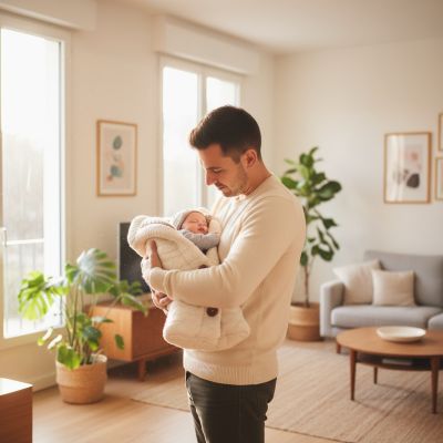 Papa tenant bébé endormi dans le Nid d'ange cosy blanc, doux et confortable