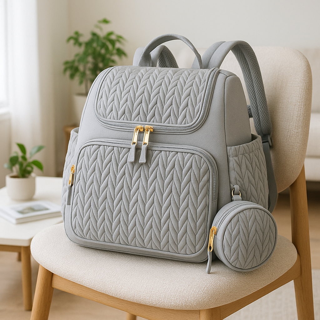 Sac a dos a langer tinytote gris pose sur une chaise