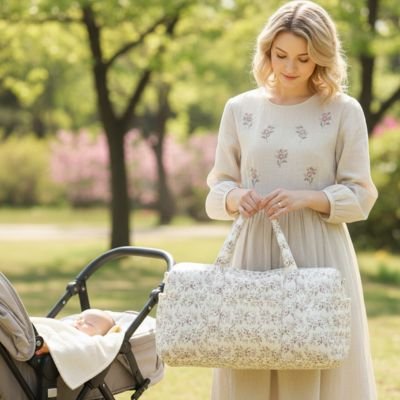 Sac à langer bébé luxe chic floral beige, élégance, confort et praticité