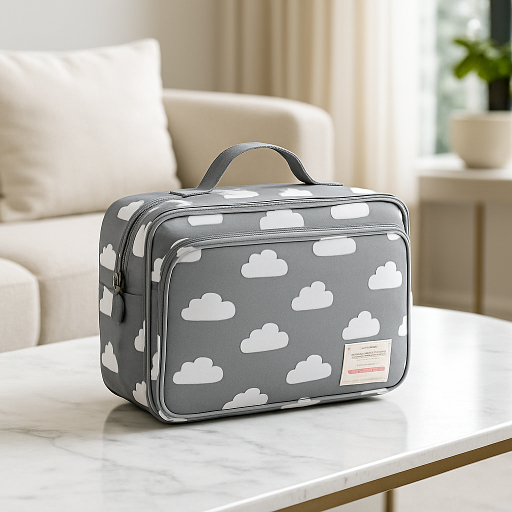 Sac a langer bebe gris imprimé élégant et fonctionnel pour maman et bébé lors des sorties