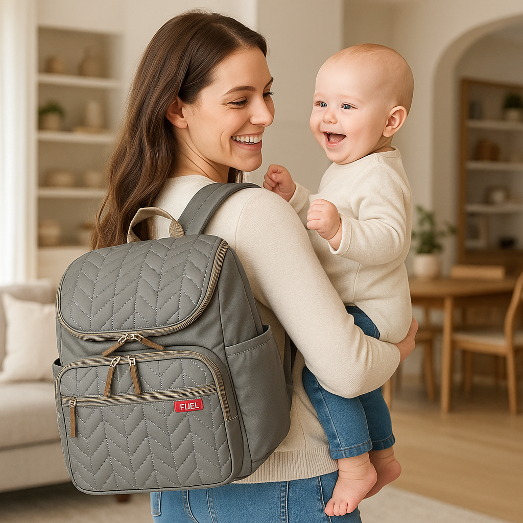 Sac à langer chic gris confortable et élégant idéal pour les mamans modernes