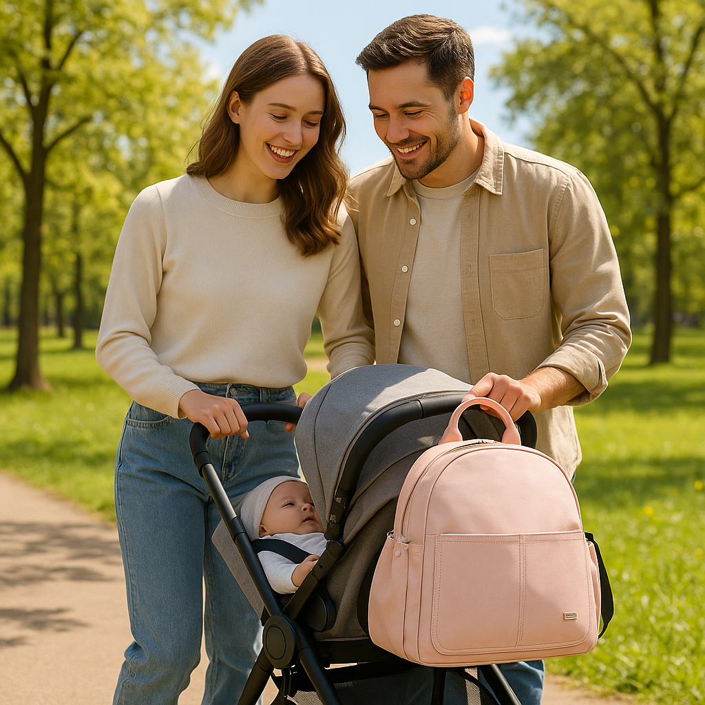 parents heureux avec bébé en promenade dans un parc et sac à langer luxe bien attaché à la poussette