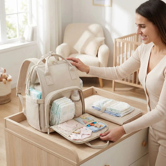 Sac à langer bébé parfaitement organisé avec couches, biberons et accessoires