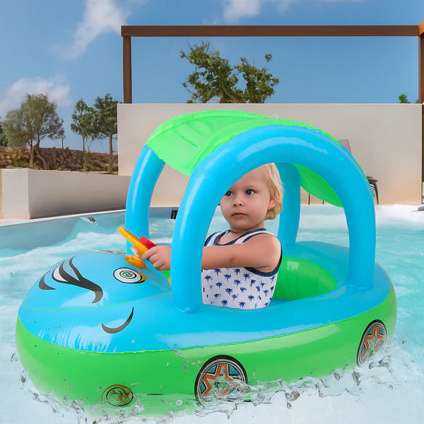 Bouee bebe bleu vert motif voiture pour enfant avec ombrelle anti uv et volant