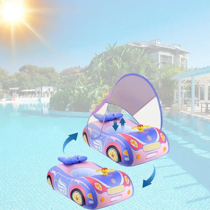 Bouee bebe piscine rose avec design voiture et ombrelle anti UV pour bébé en toute securité