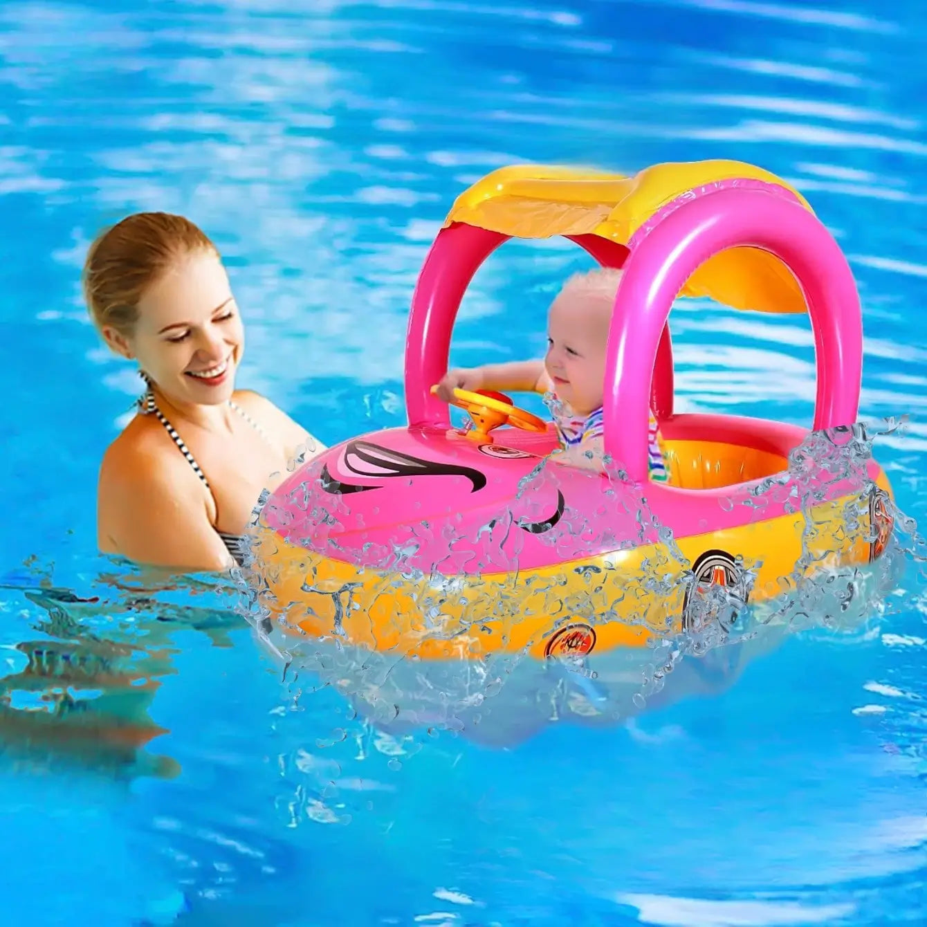 Bouee bebe rose motif voiture pour maman et bebe avec ombrelle anti uv et volant