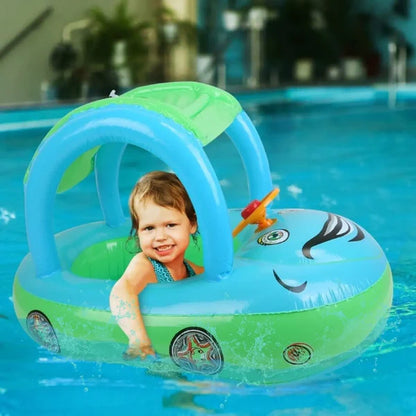 Bouee bebe voiture verte pour enfant avec ombrelle anti uv et volant interactif