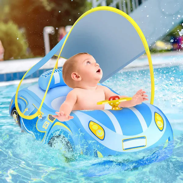 Bouee bebe piscine voiture avec ombrelle amovible bleue pour bébé securisé et confortable dans l'eau