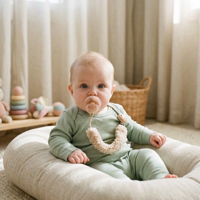 Attache sucette bébé avec clip bois et texture moelleuse