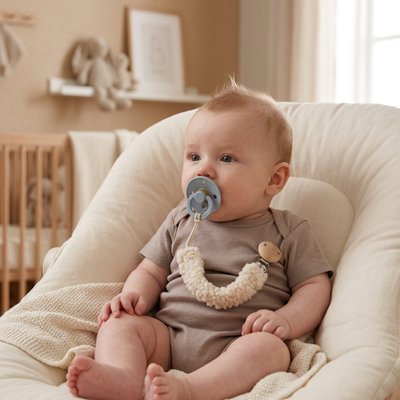 Attache sucette bébé douce en tissu peluche beige avec clip bois