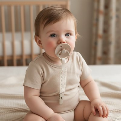 Bébé utilisant attache tetine, tétine toujours à portée de main
