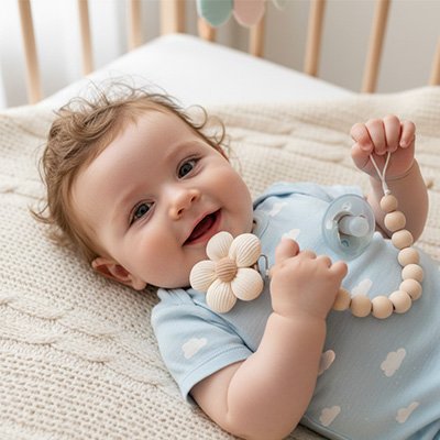 Attache tétine beige en silicone adorable design unisexe