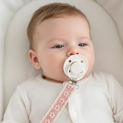 Attache tétine en tissu rose avec motif fleur