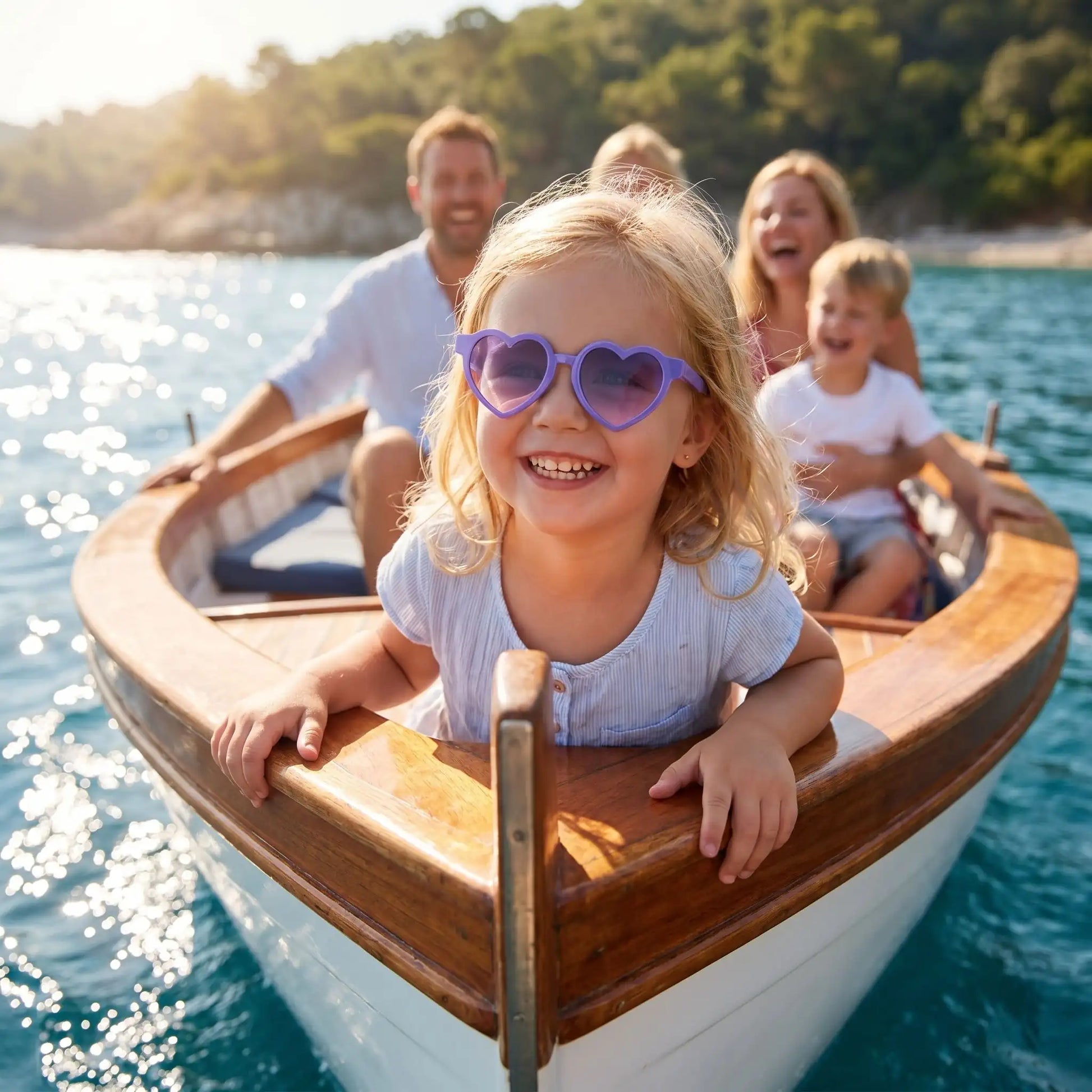 Petite fille portant une lunette de soleil bébé bleue lors d’une balade en bateau en famille