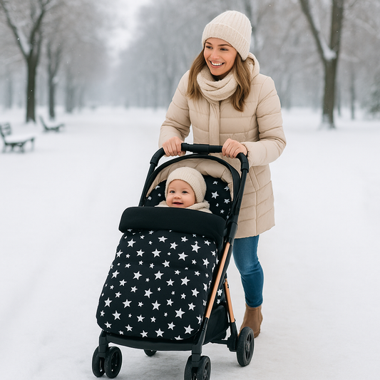 Maman et bébé en balade hivernale dans une poussette avec une chancelière noire motif étoile