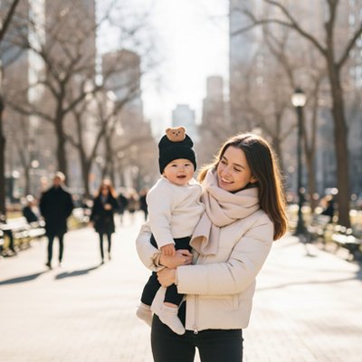 Bébé portant un bonnet bebe noir lors d'une balade hivernale avec sa maman