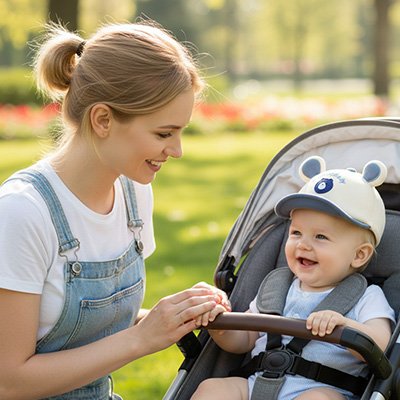 Bébé en poussette portant une casquette bébé pour protection solaire pendant la balade