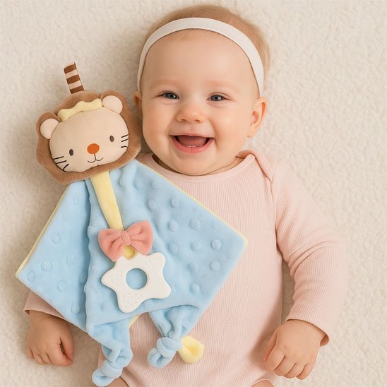 bebe s'amusant avec un doudou bebe lion bleu doux et mignon