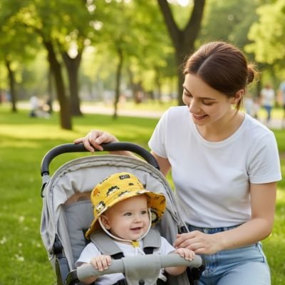 bebe en balade portant chapeau bebe jaune