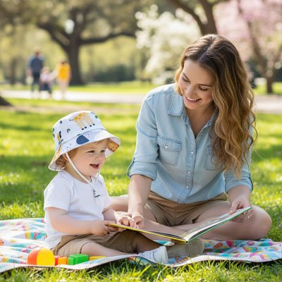 Bébé heureux portant un chapeau bebe pendant qu’il joue au parc avec maman