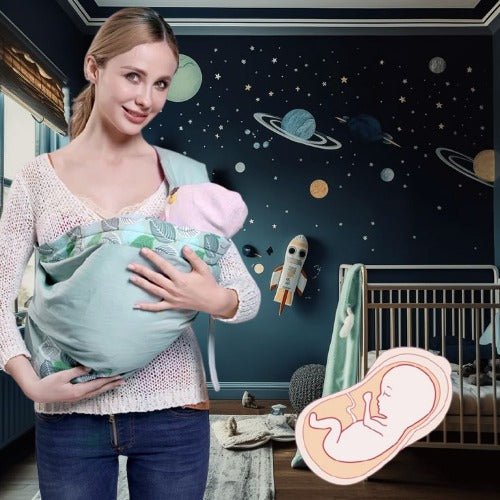 Bébé endormi confortablement dans une echarpe de portage verte à motif fleur