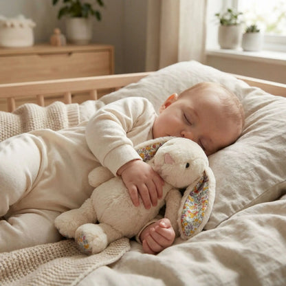 Bébé endormi paisiblement avec son doudou lapin beige