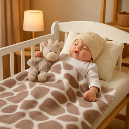 Bébé endormi paisiblement avec un plaid bébé doux et sa peluche girafe, illustrant confort, chaleur et sentiment de sécurité.