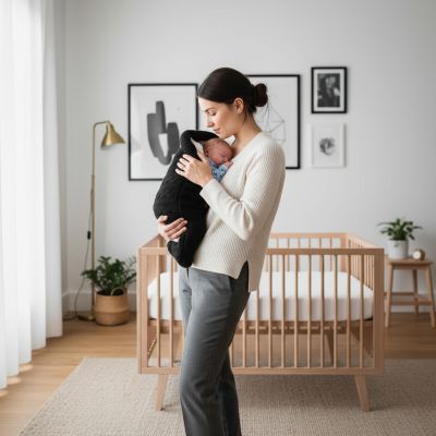 Bébé endormi dans le Nid d'ange cosy noir tricoté, doux et confortable