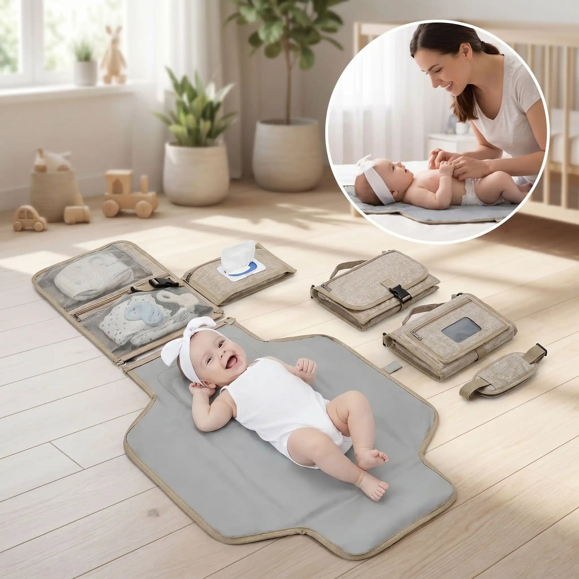 Bébé heureux pendant le change sur le tapis à langer nomade confortable et pratique