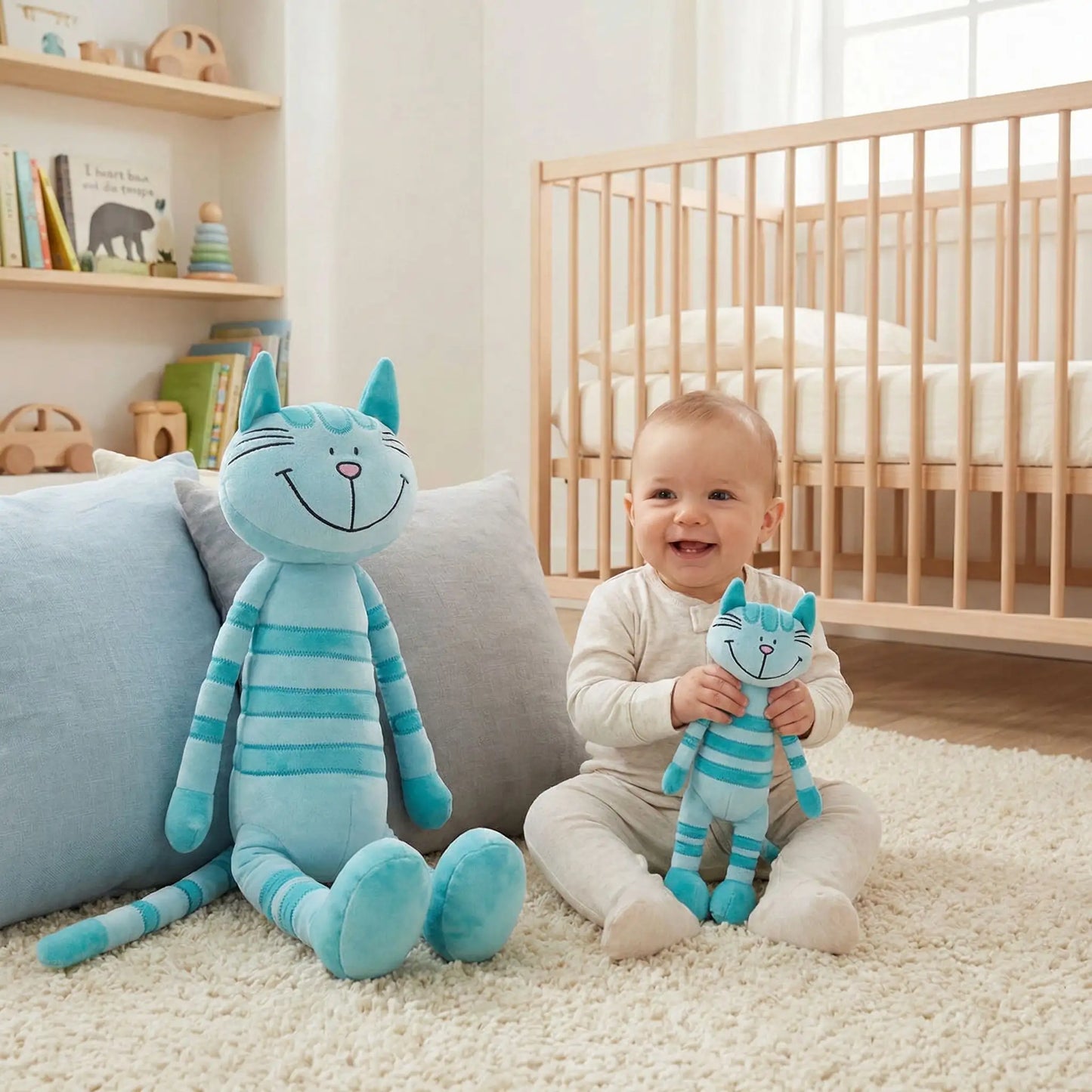 Bebe jouant avec doudou chat bleu doux, peluche tendre et reconfortante pour bébé