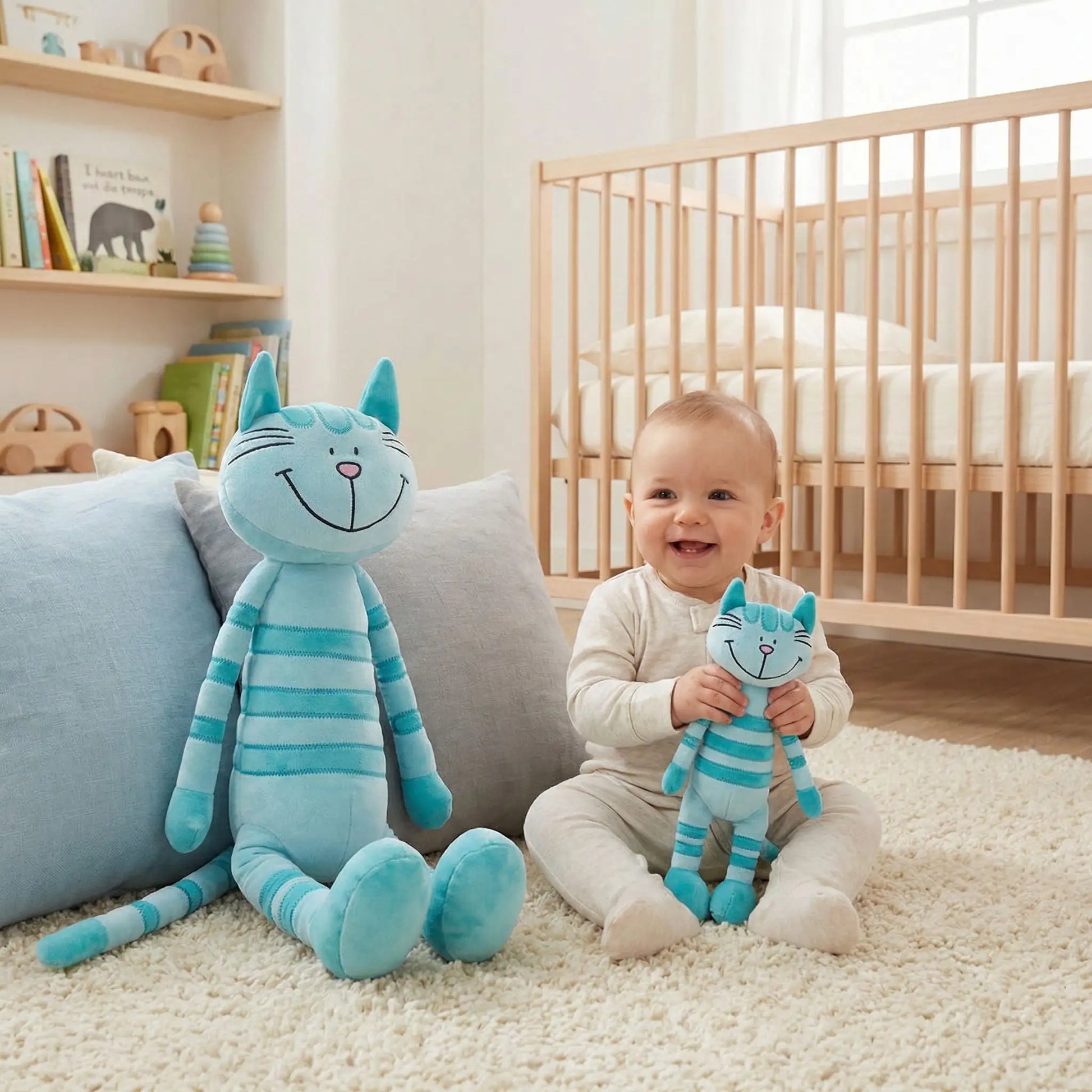 Bebe jouant avec doudou chat bleu doux, peluche tendre et reconfortante pour bébé
