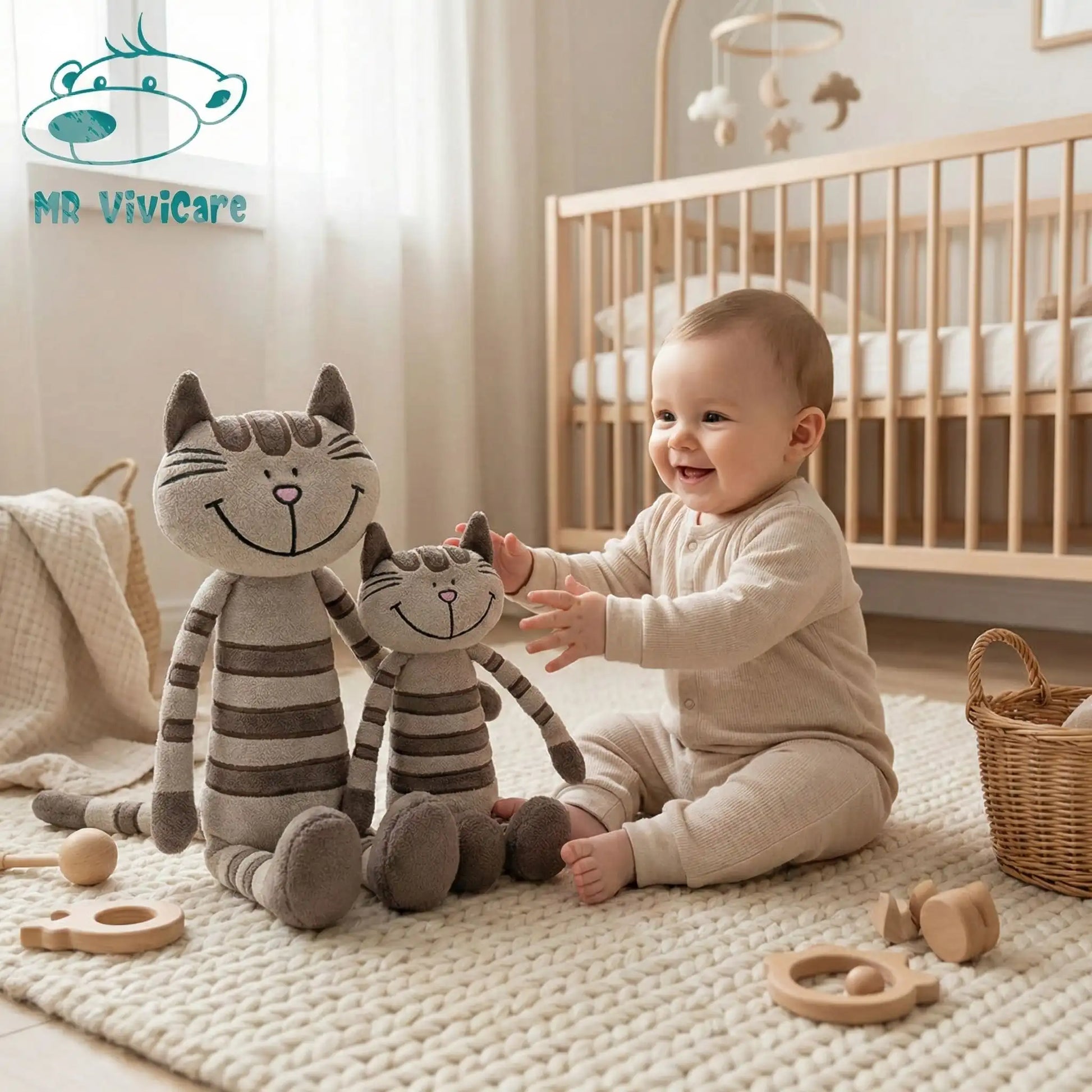Bébé jouant avec doudou chat marron dans sa chambre, moment de tendresse et douceur