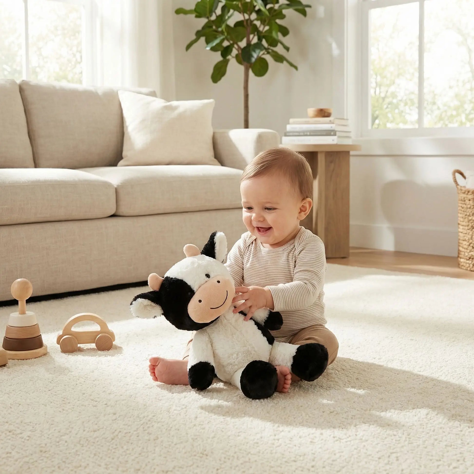 bébé jouant avec un doudou vache doux compagnon rassurant pour les moments d'éveil