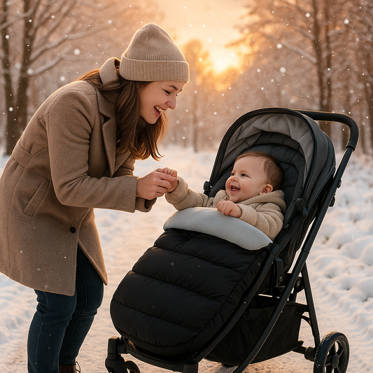 Bébé et maman profitant d’une balade amusante en hiver avec une chancelière confortable