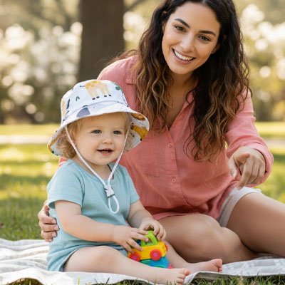 Bébé poratnt chapeau bebe lors d’un pique-nique avec maman