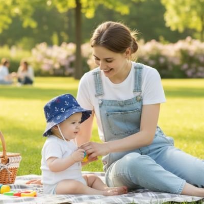 Bébé au pique-nique protégé du soleil avec chapeau bebe léger et confortable