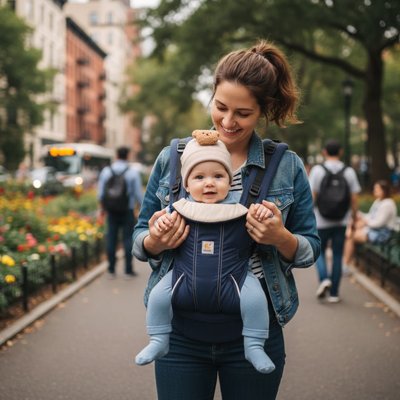 Bébé portant un bonnet bebe dans un porte bebe face au monde