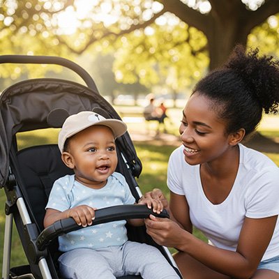 Bébé avec casquette bébé beige protectrice du soleil en promenade avec maman