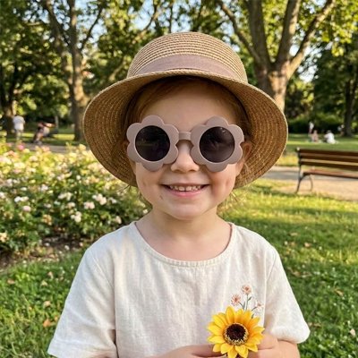 Bébé en promenade portant des lunettes de soleil bébé beige
