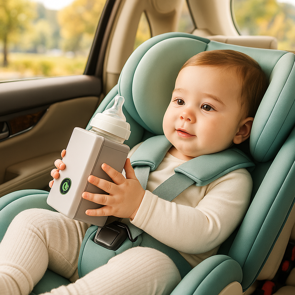 Bébé dans son siège auto tenant le chauffe biberon transportable avec ses mains