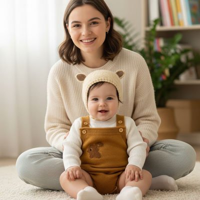 Bonnet bebe beige avec motif lapin